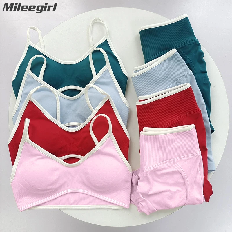 

Mileegirl 2 Pieces Yoga Sets Padded Ignite Sports Bra Sculpt Scrunch Gym Shorts Seamless Quick Dry Workout Tights Color Contrast