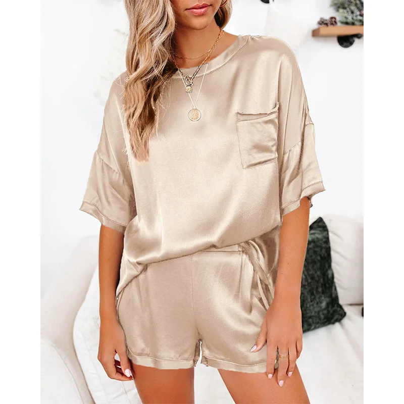 Women's New Solid Color Imitation Silk Sleepwear Short Sleeved Shorts Irregular Two-piece Set Solid Color Home Set