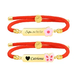 Personalized Baby Name Bracelet, Red String Adjustable,charms Flower Butterfly Stainless Steel Bar ID Bracelet for Kid Child