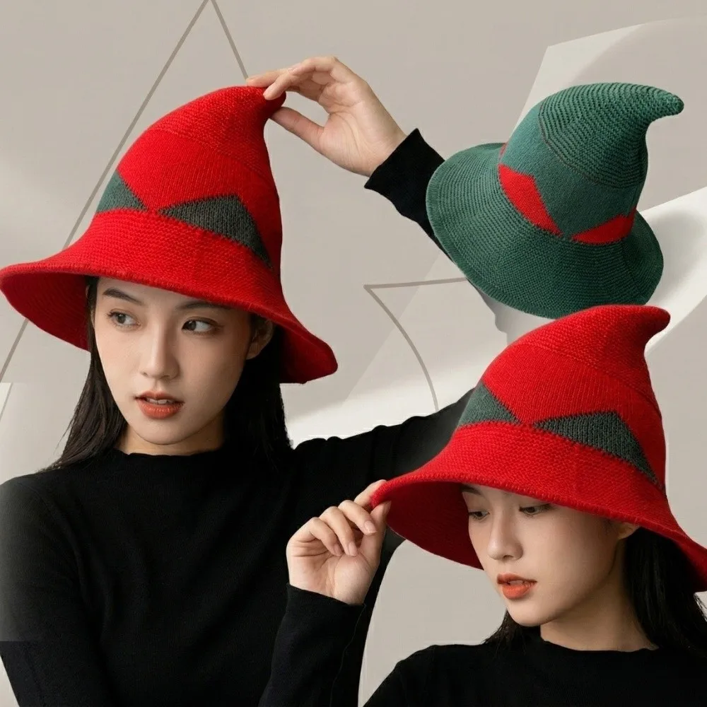 Wide Edges Witch Hat Spire Color Blocked Knitted Wizard Cap Yarn Cotton Breathable Halloween Hat Wiccan Lover Gift