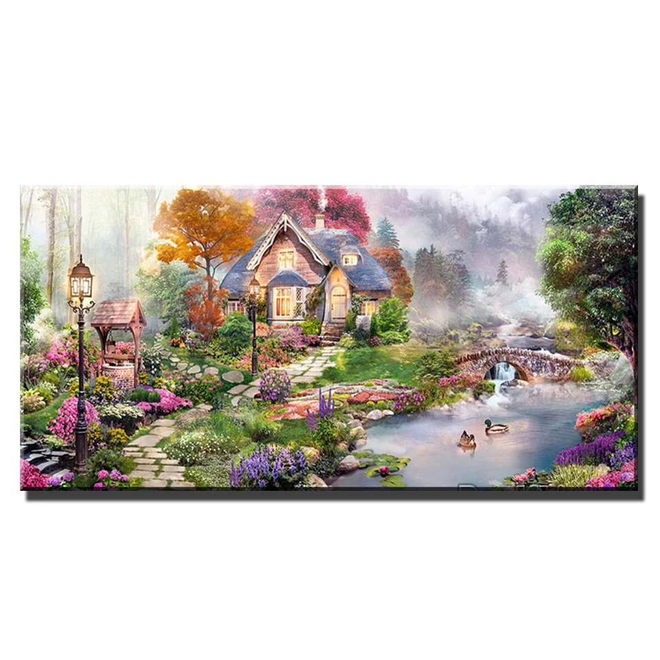 Large Full Square Round Rural House Spring Landscape DIY Diamond Painting Embroidery Cross Stitch Rhinestone Mosaic Art T773