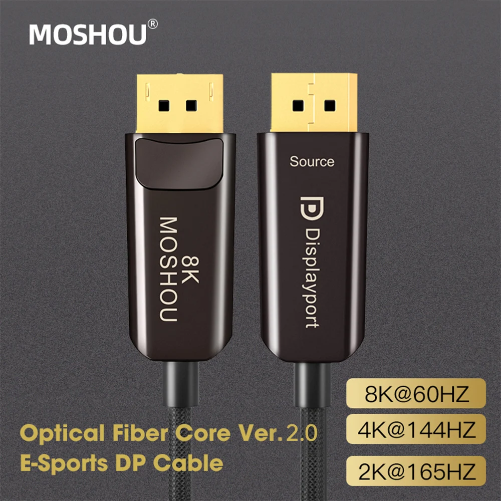 MOSHOU 8k kabel światłowodowy DP 2.0 o dużej szybkości przepustowości 80Gbps kabel DisplayPort 2.0 do Monitor gamingowy karty graficznej TV PC