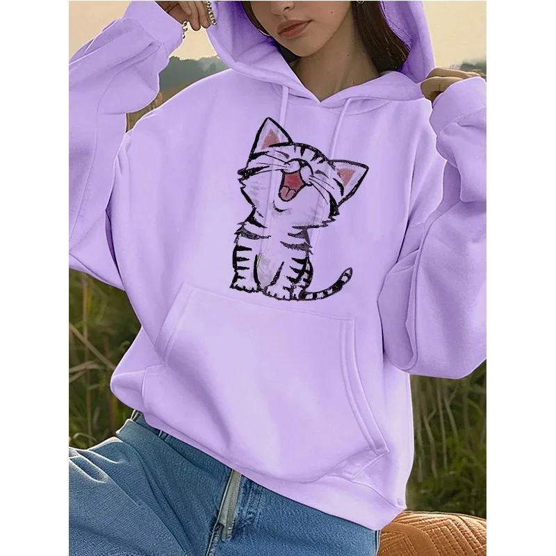 

Женская толстовка с капюшоном и карманами с забавным принтом кота, осенне-зимняя коллекция