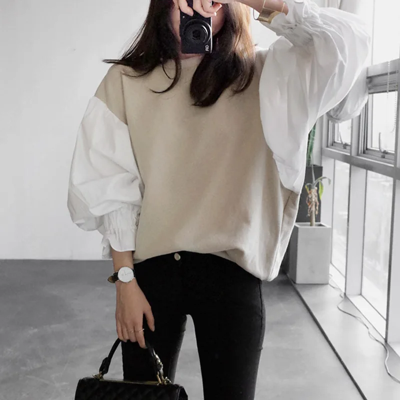 [EWQ] Puff Sleeve Spliced Contrast Colors O-neck Sweatshirt Loose Fashion Casual Women Pullover Tops 2024 Autumn New 16O1854