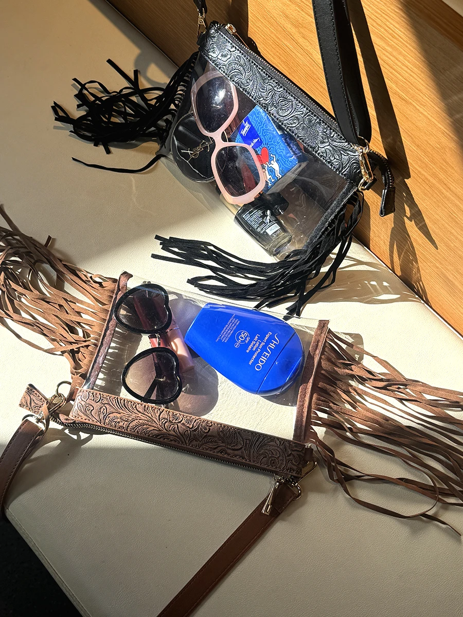 

Модная женская сумка через плечо в стиле DIY с прозрачными кисточками, ретро-принтом и тиснением, повседневная сумка в богемном стиле