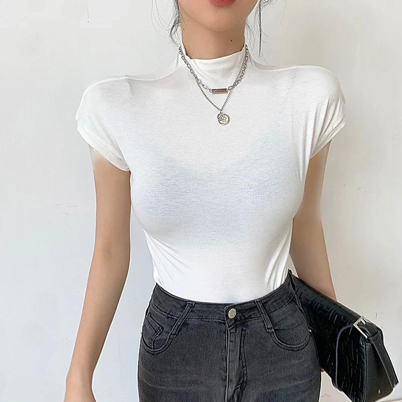 

2025 Fashion Summer Female Turtleneck Fleece Stretch Shirt Women Short Sleeve T-shirt Basic Pullover Bottoming Tops
