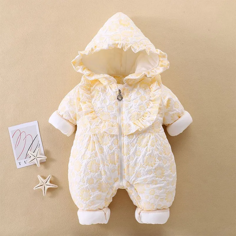 2024 Fall Winter Baby Outwear Clothing Fur Lining Warm Thick Toddler Girl\'s Rompers Cartoon Bear Infant Jumpsuit