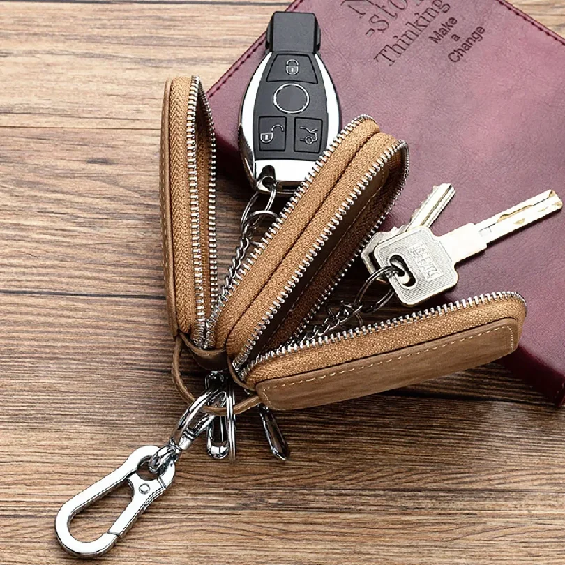 Genuine Cow Leather Home Car Keys' Bag Double Pocket Zipper Mini Wallet Earth Yellow Men Women's Key Holder Transparent Pocket 4