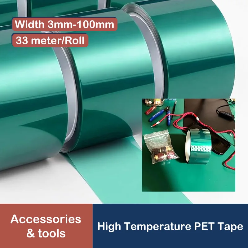 33m/roll High Temperature PET Film Tape 3mm ~ 100mm Green Heat Resistant PCB Solder SMT Plating Shield Insulation Protection