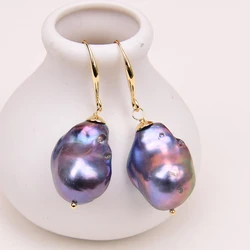 GG Cultured Black Keshi Pearl Dangle Earrings Real Baroque Pearl Gold Plated Ear Hook Wedding Jewelry Gifts