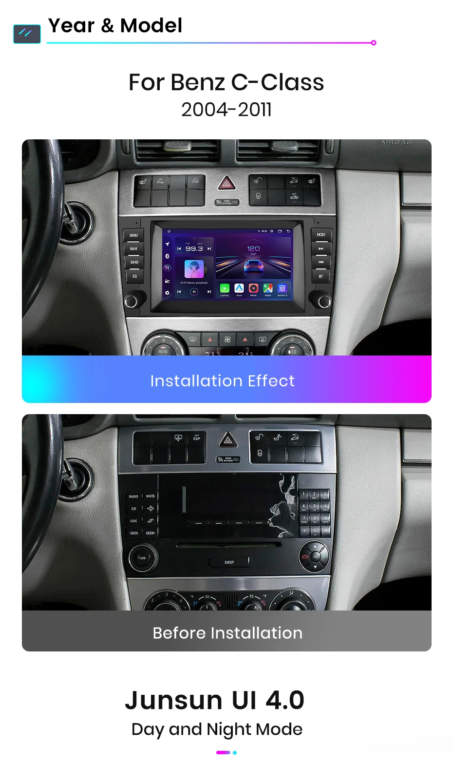 Junsun Android Auto Radio Für Mercedes Benz C-Klasse W203 CL203 CL203 CLK W209 CLS W219 2004-2011 CarPlay auto Multimedia GPS 2din – Detail 6