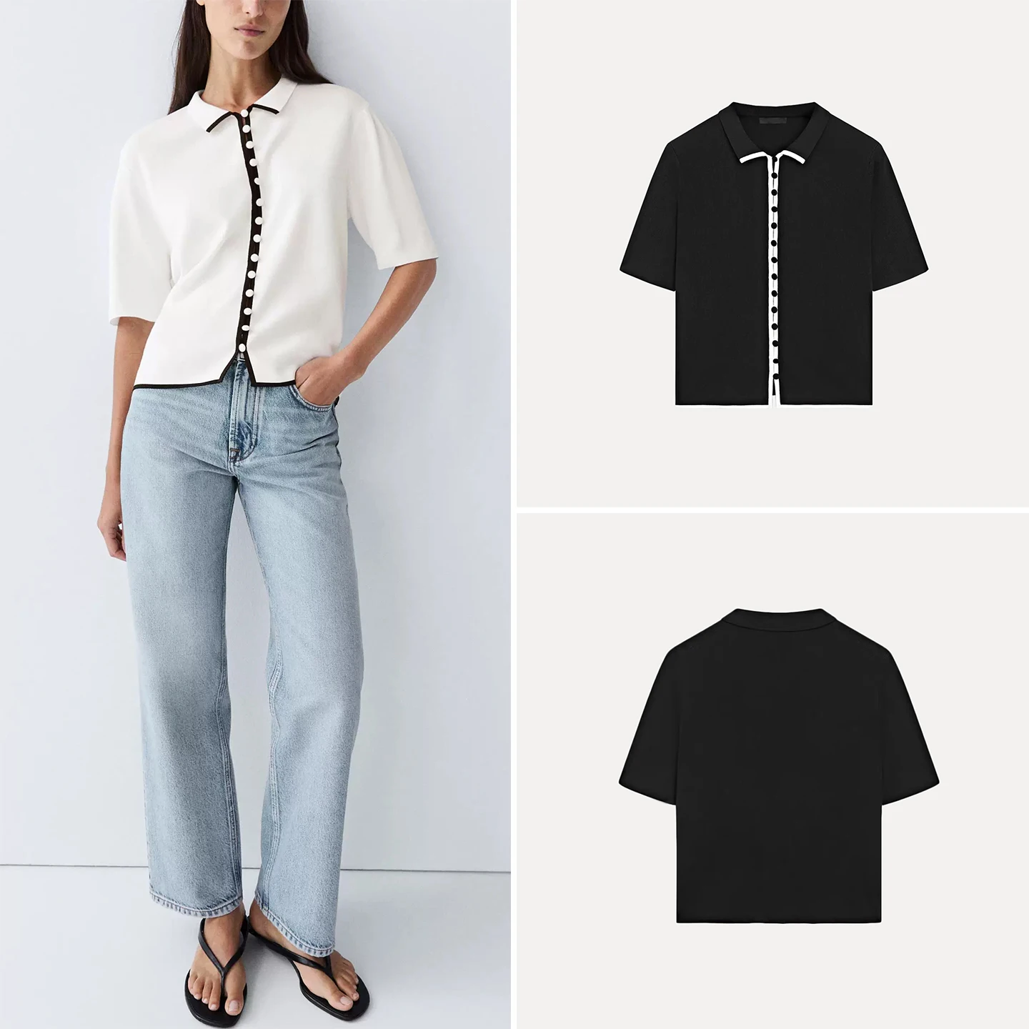 Women's Summer Contrast Color Short Sleeve Knitted Open Front Shirt Straight Cut  Neck Regular Length Casual Wear