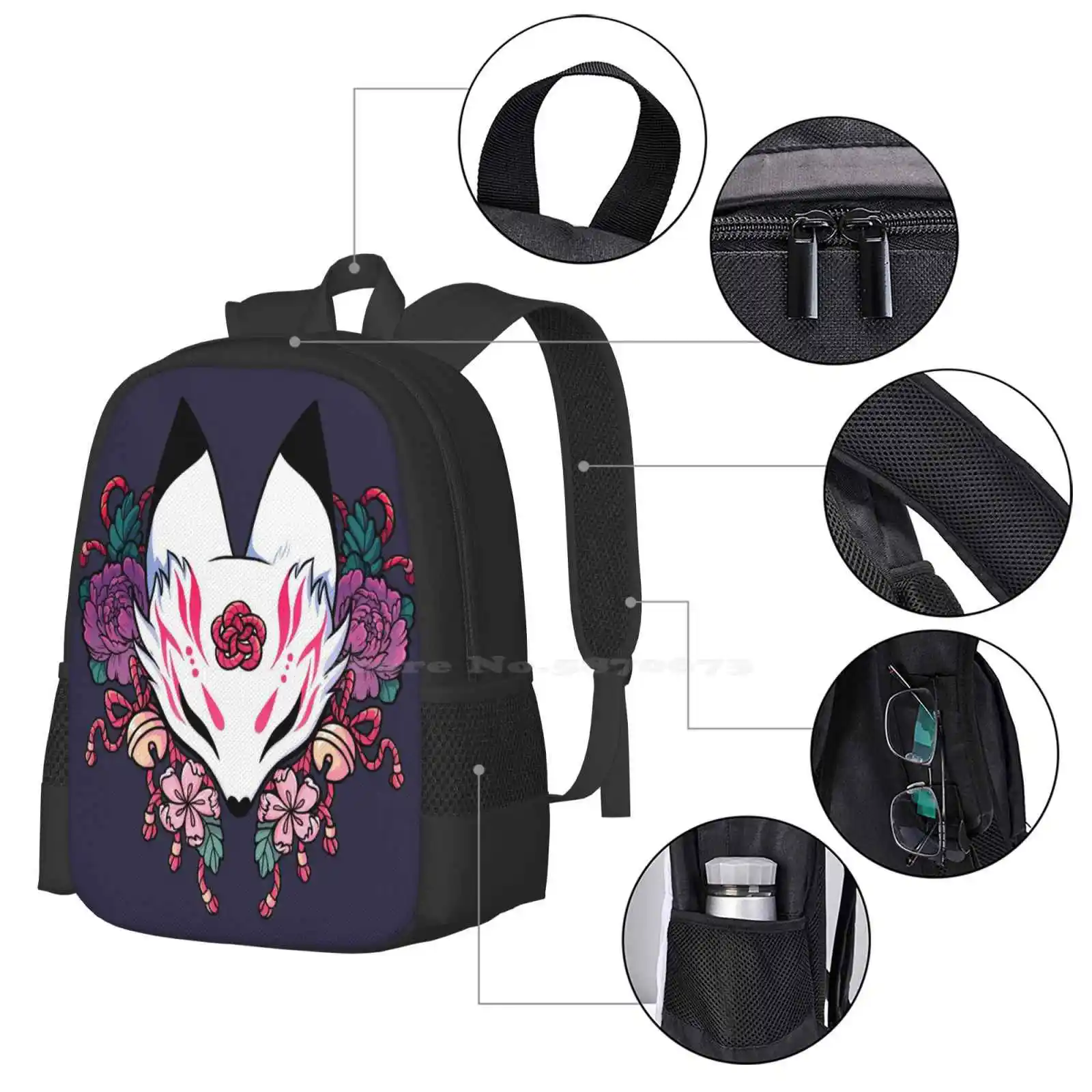 Fox Spirit Pattern Design Laptop Travel School Bags Fox Ghost Yurei Japanese Asian Kabuki Traditionally