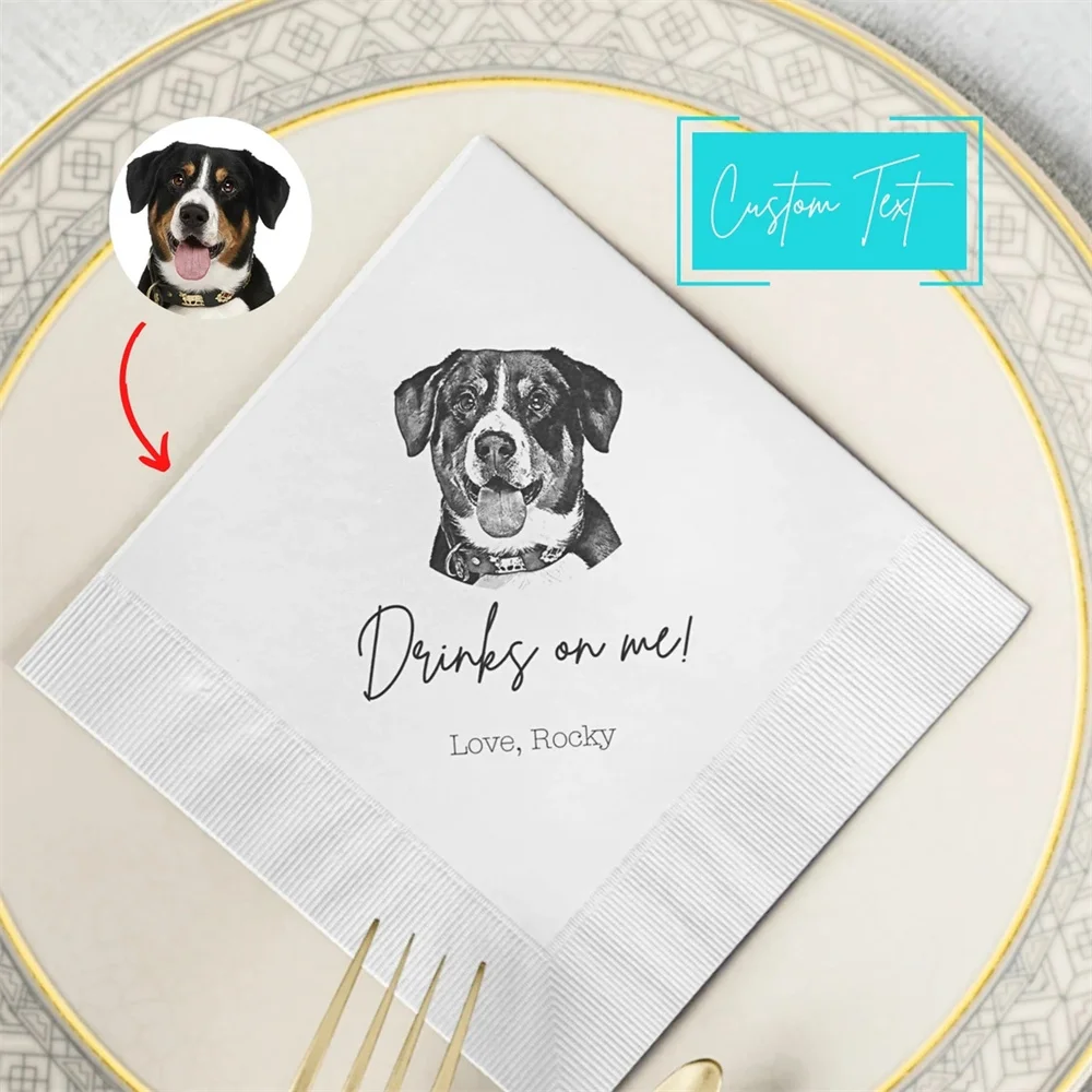 Custom Pet Cocktail Napkins | Dog Wedding Napkins | Custom cat Cocktail Napkins | Custom Pet Portrait Wedding Napkins