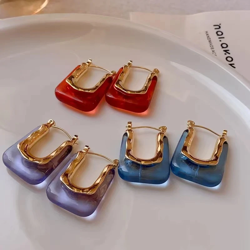 Vintage Geometric Square Hoop Earrings For Women Girls Multi Color Transparent Acrylic Earring Daily Life Travel Jewelry Gifts