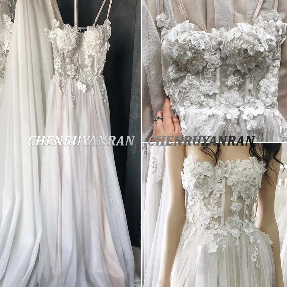 Gaun Pengantin Boho untuk Wanita 2022 Gaun Pengantin Seksi Panjang Bunga 3D Gaun Pengantin Tulle Rel Menyapu Sweetheart Vestidos De Novia