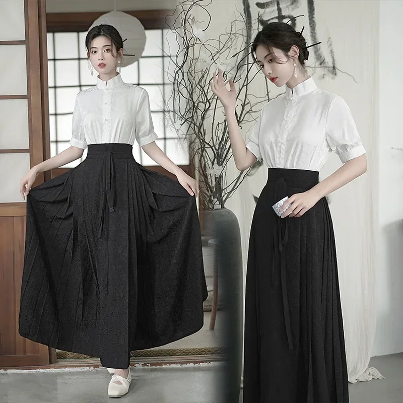 

Chinese Traditional Hanfu Costume for Women Lady Horse Face Skirt Stand Collar National Ming Dynasty Clothing Pleats Skirt