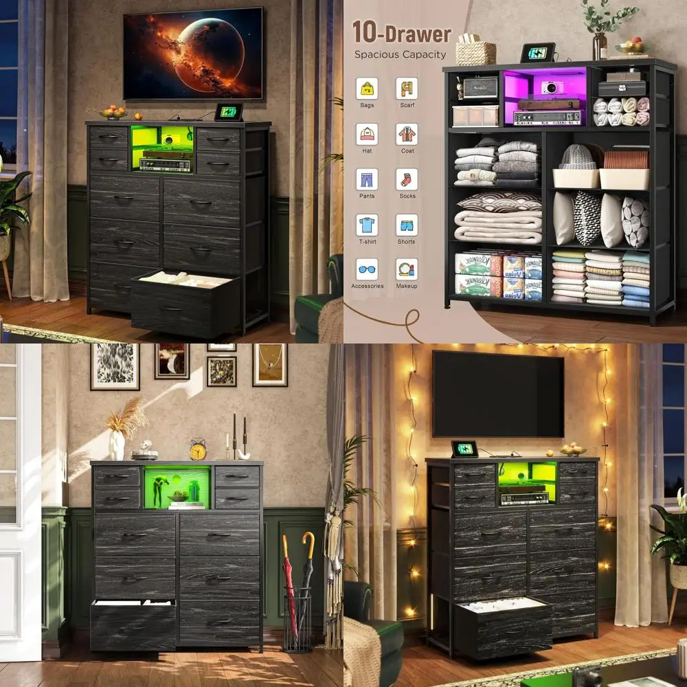 

Комод для спальни с 10 ящиками, светодиодной подсветкой, розетками, тканевыми ящиками, шкафами, открытыми полками и черным металлическим каркасом