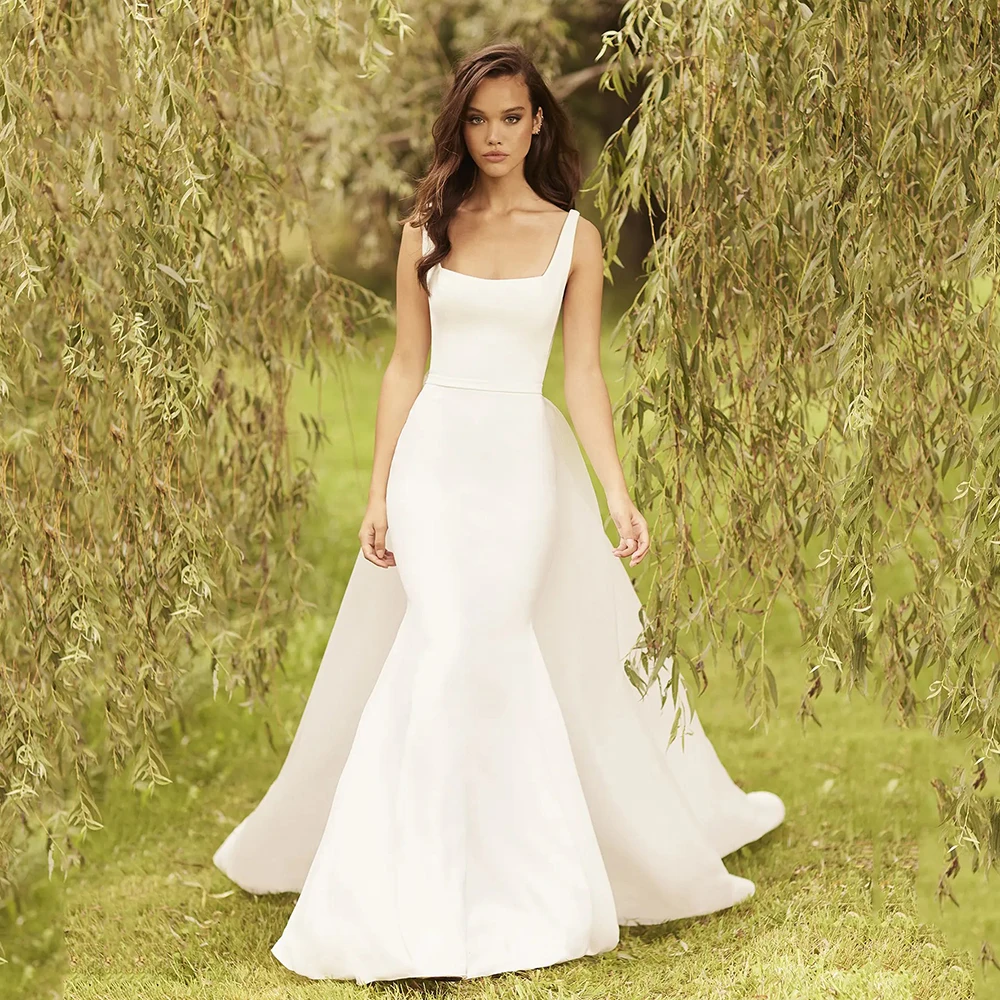 Customized Luxury Wedding Dress Square Neck Women's Mermaid Bridal Dress Open Back Detachable Train Bride Wedding Gown