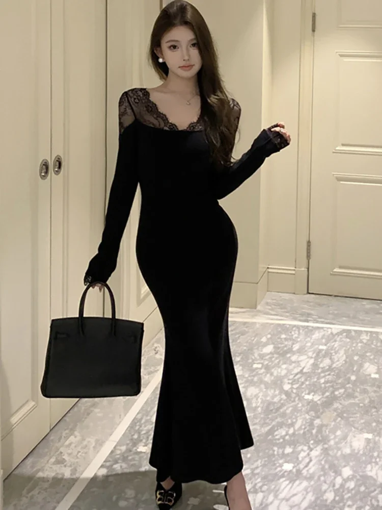 Women Korean Vintage Bodycon Party Dress Autumn Winter Black Patchwork Lace Hollow Out Sexy Dress 2024 Elegant Luxury Prom Dress