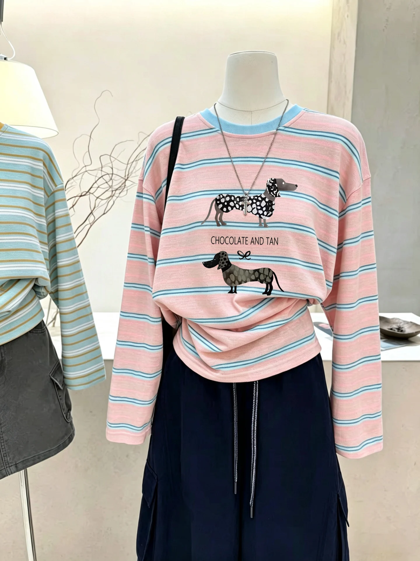 Loose Long Sleeve T-Shirt Women's Rainbow Stripes Print Lazy Style Cotton Casual Top Slimming Cover up Shirt Fall New Arrival