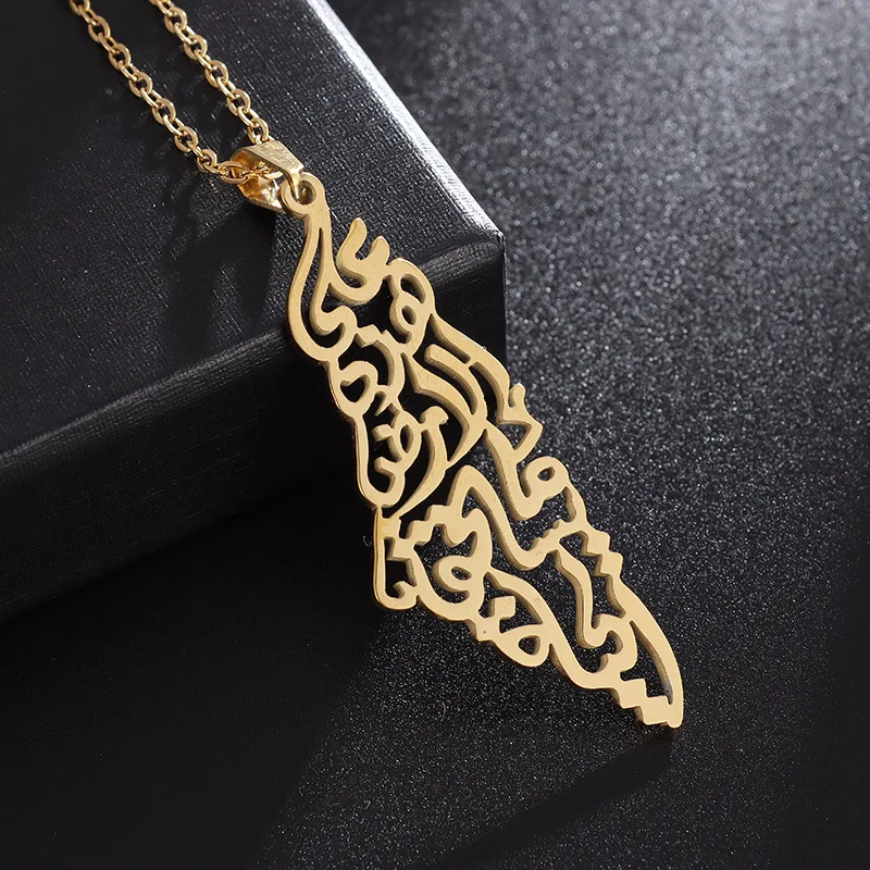 Ethnic Arabic Calligraphy Palestine Map Pendant Necklace For Women Men Stainless Steel Jewelry