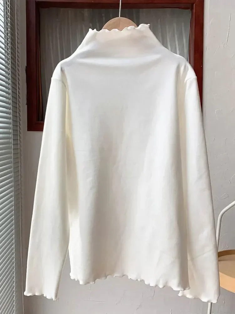 Casual veludo inferior camisetas femininas sólido meia gola acolchoada interior dupla face feminino topo 2024 outono inverno senhora outerwears