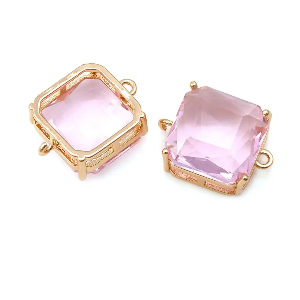 6PCS 18K Gold Color Brass Glass 2 Holes Square Connect Charms Pendants High Quality Necklace Earrings Charms Jewelry Making view 6