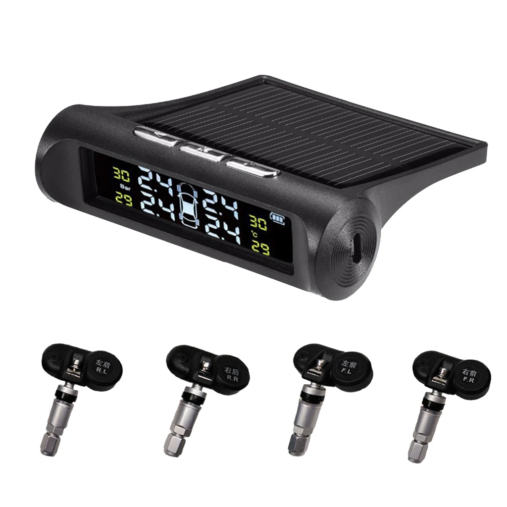 Monitor solar de presión de neumáticos de coche, alarma, monitoreo de neumáticos con sensores integrados