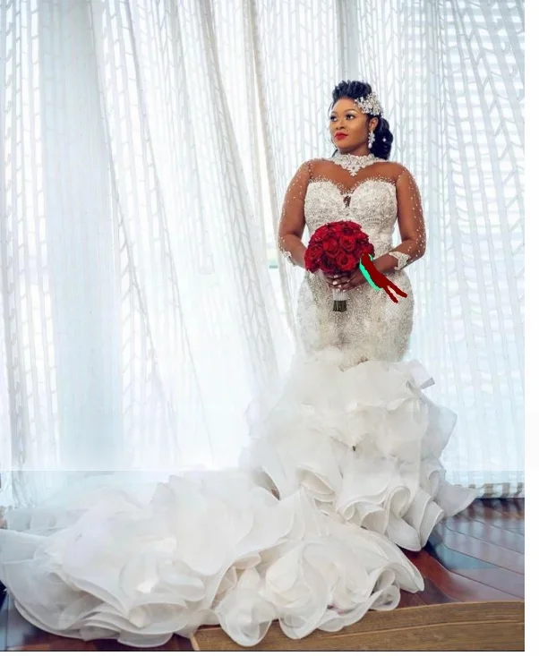 Customized Luxury Plus Size African Wedding Dresses Mermaid Long Sleeves Appliques Beaded Wedding Gowns Amanda Novias Official