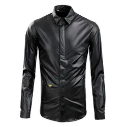 Plus Size Men's Brand Fashion Casual Leather Pu Shirt Small Bee Embroidery Male Slim Tops Long-sleeve Shirts Stage Costumes