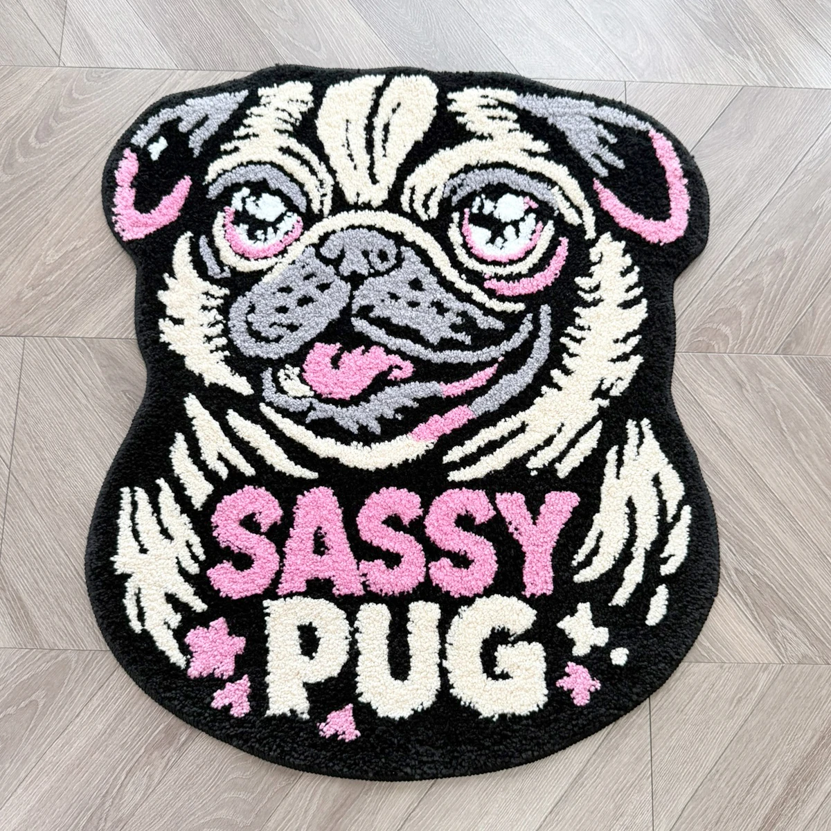 AGILESTAR Pug Dog Shaped Tufted Rug 70x63cm Soft Non Slip Animal Accent Mat Pink Letter Funky Carpet for Living Room Home Decor