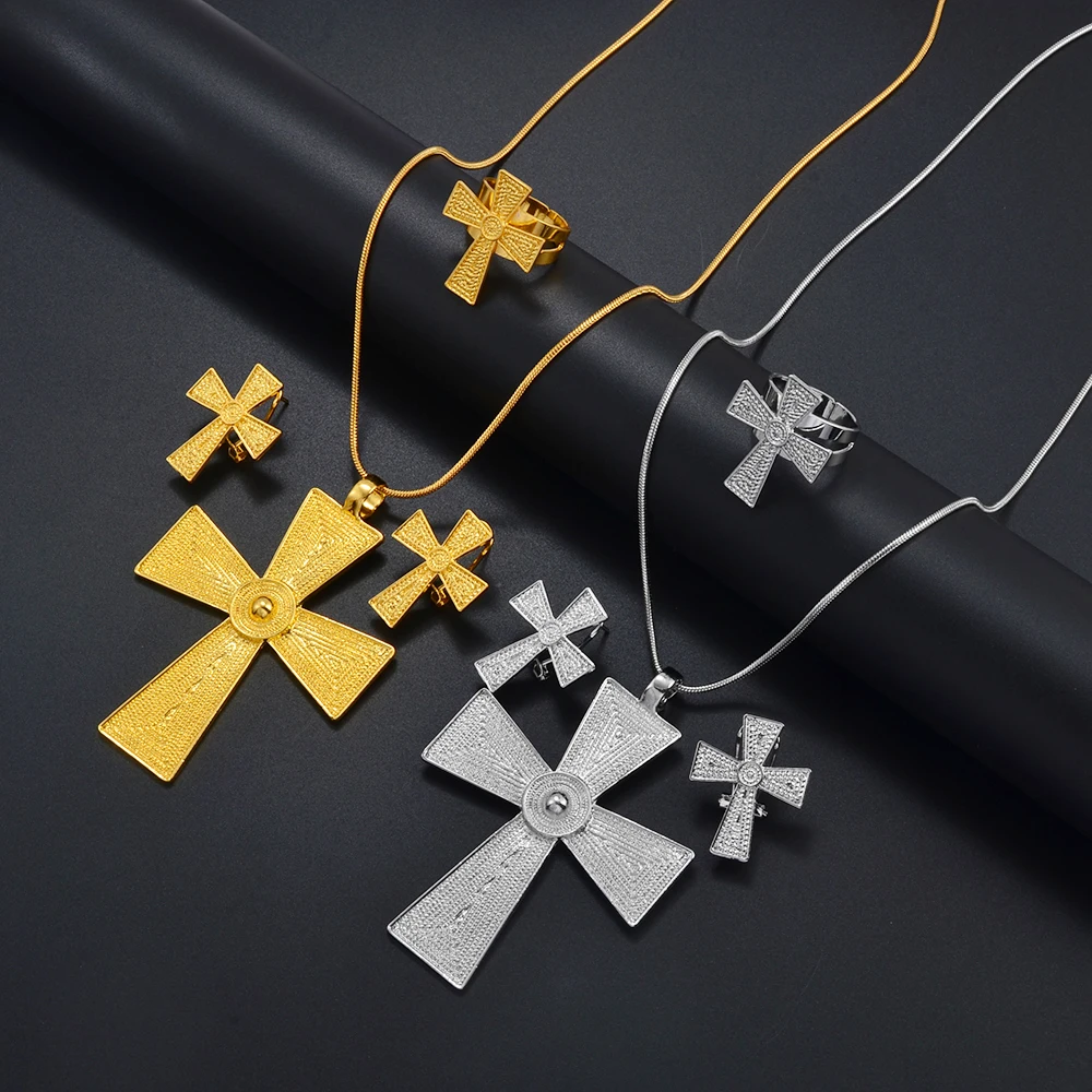 Anniyo Ethiopian Product Cross Necklace Earrings Rings Jewelry Sets Silver/Gold Color Eritrean Family Party Ornaments @335306