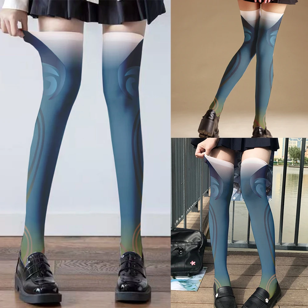 

New fashion gradient haze blue ladies printed stockings two-dimensional anime style calf socks Harajuku sexy thigh socks cosplay