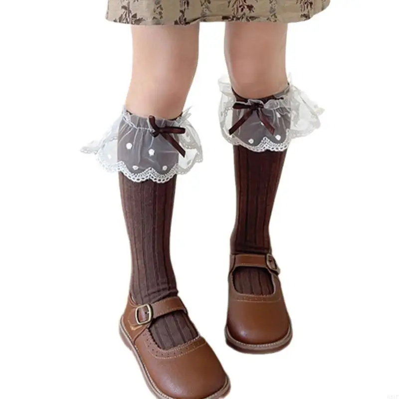 

581F Long Bowknot High Boot Socks Socks for Girl 3-10 Year Breathable Socks Lace Calf Socks Knee Stockings