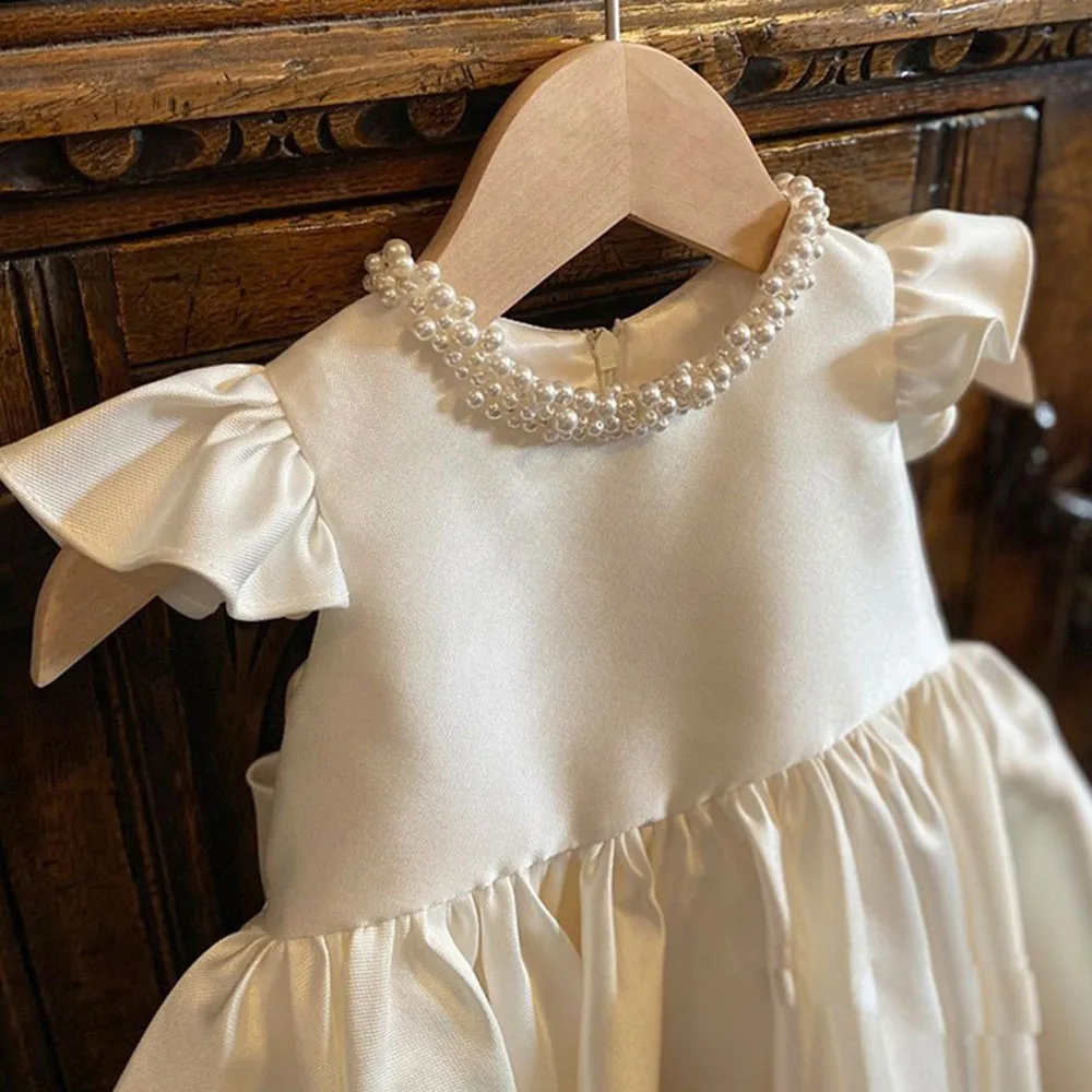 HETISO Baby Dresses for Wedding Pearl Necklace Girl Kid\'s Dress White Toddler Clothes Elegant Birthday Gown 1-8 Years