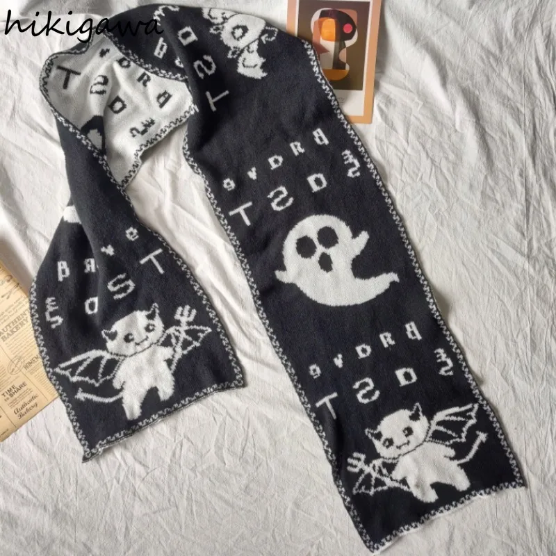 Fashion Japanese Demon Anime Casual Knitted Women's Scarf Men's Winter Scarf Apron Black Warm Y2K Kpop Goth Harajuku Chic Wrap