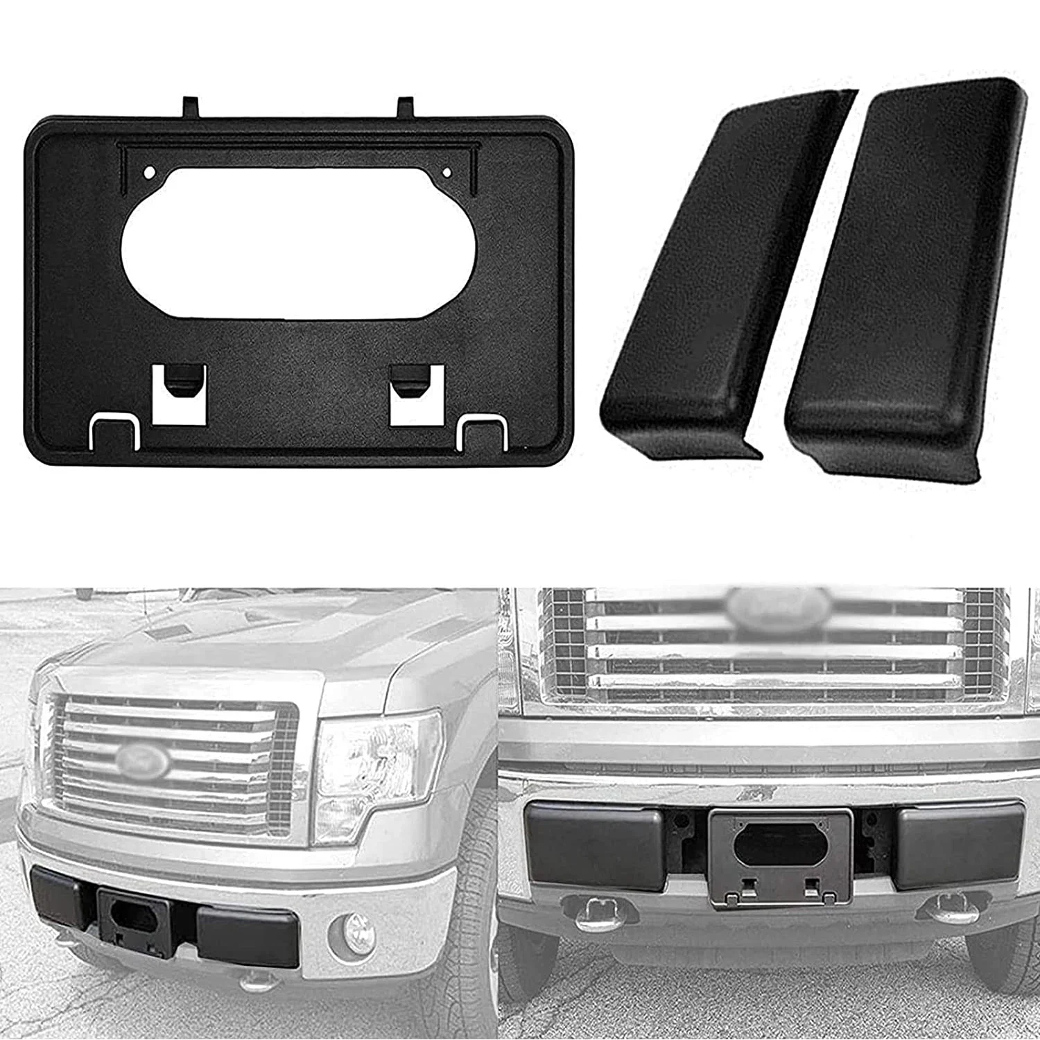 Pickup Front Bumper Guard Cover Insert Cap License Plate Bracket License Frame Mounting Holder Set for Ford F150 2009-2014