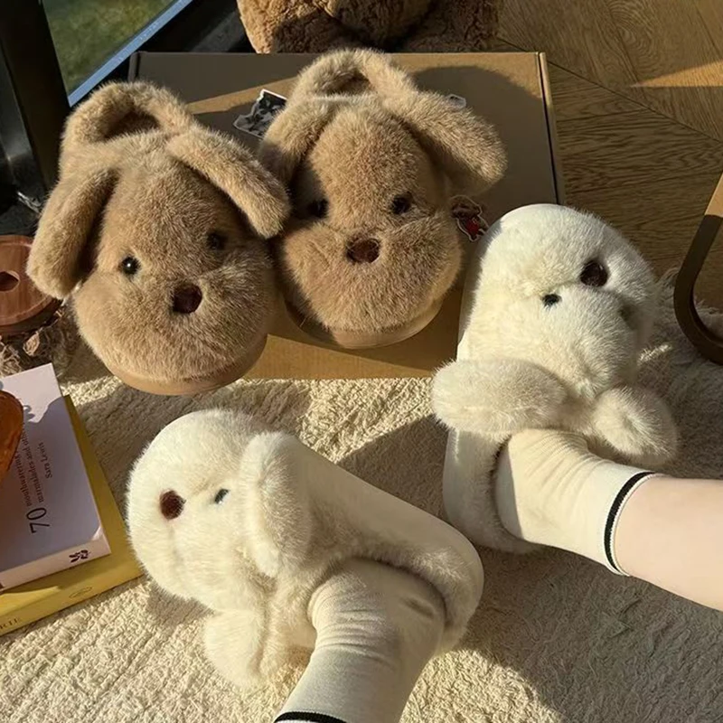 Lovely Dog Fluffy Fur Home Slippers Women Winter Non Slip Thick Platform Cotton Slippers Woman Comfort Soft Sole Plush Slippers