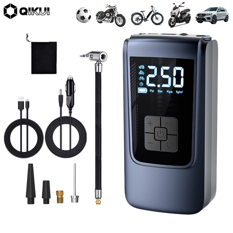 QIKUI wireless dual power supply car air pump portable intelligent digital display air pump 120W 150PSI fast air pump