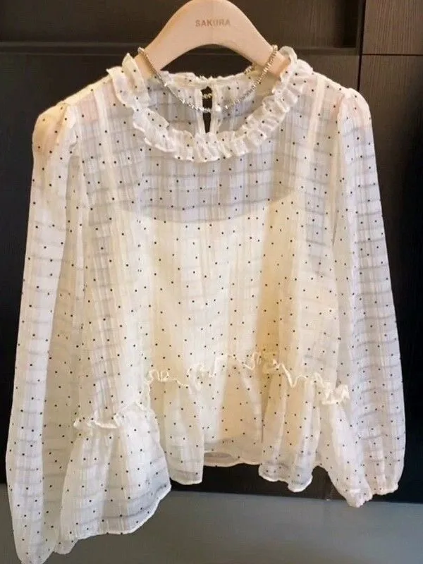 Daisy Pattern Polka Dot Gentle Style Women's Shirt Two-Piece Set Wooden Bells Early Autumn Collection Soft Fabric Long S... 3