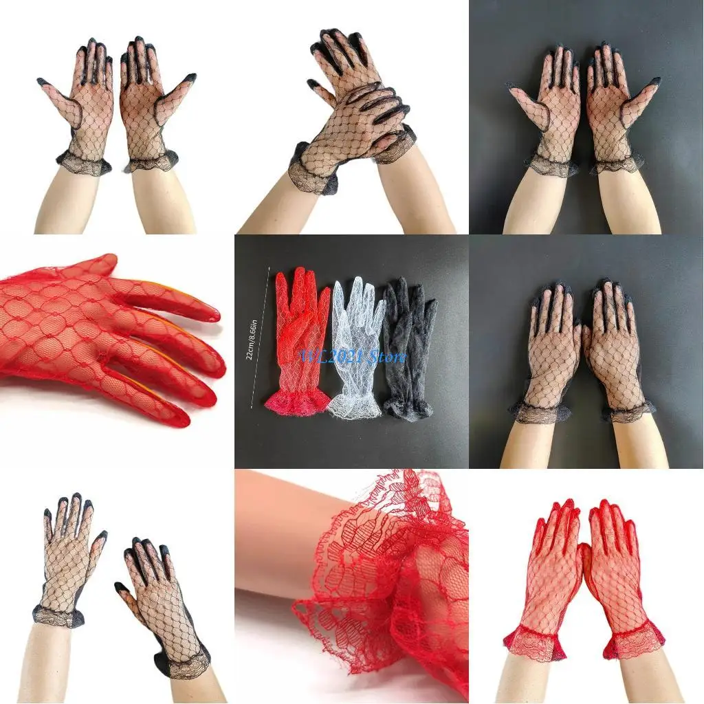 G5GC سيدة مساء مأدبة قفازات أنيقة كاملة الأصابع قفازات 1920s الزعنفة الأسود الدانتيل الزفاف قفازات الزفاف لملابس الزفاف