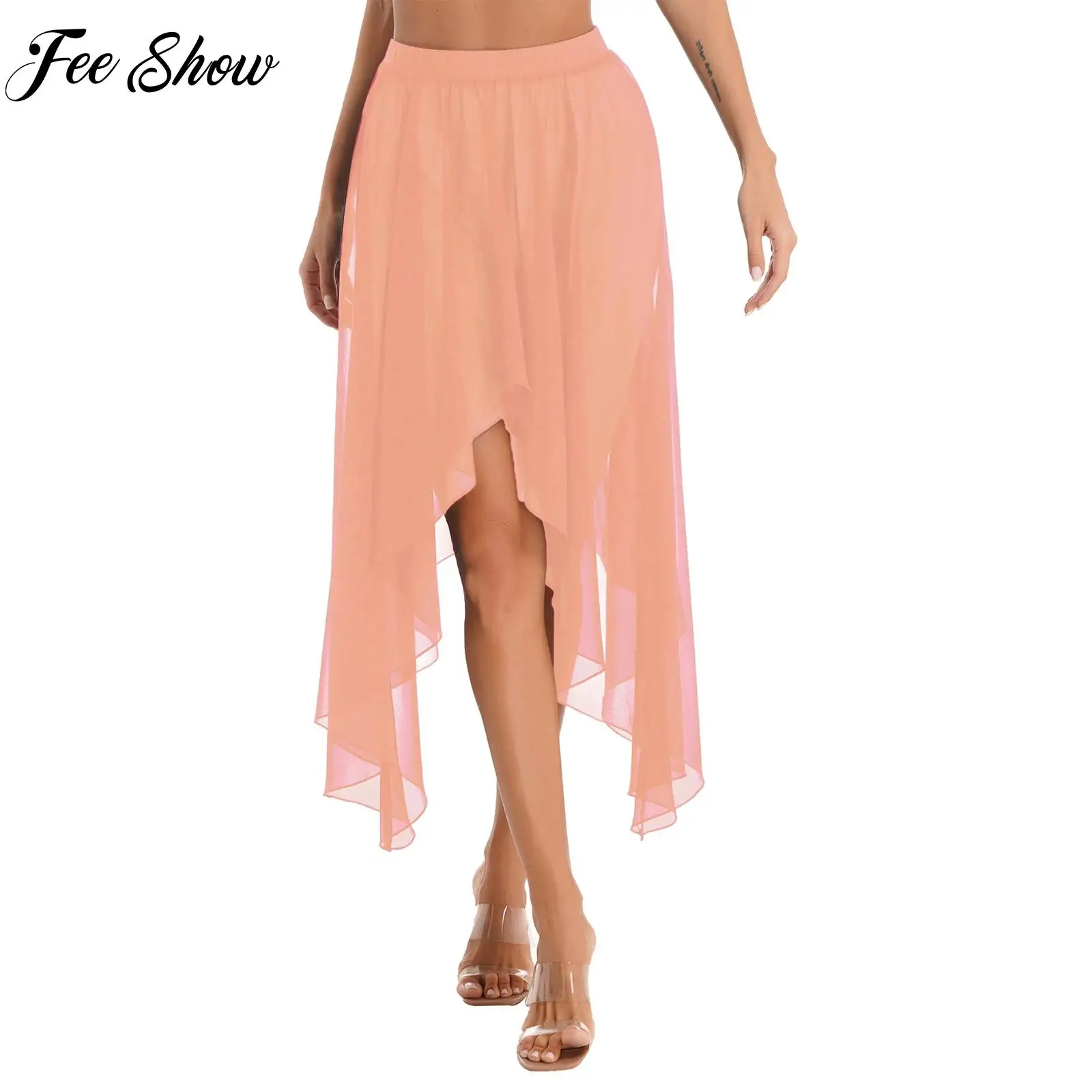 Women Belly Dancing Skirt Semi See Through Asymmetrical Hem Elastic Waistband Skirts Samba Rumba Ballet Latin Dance Dancewear