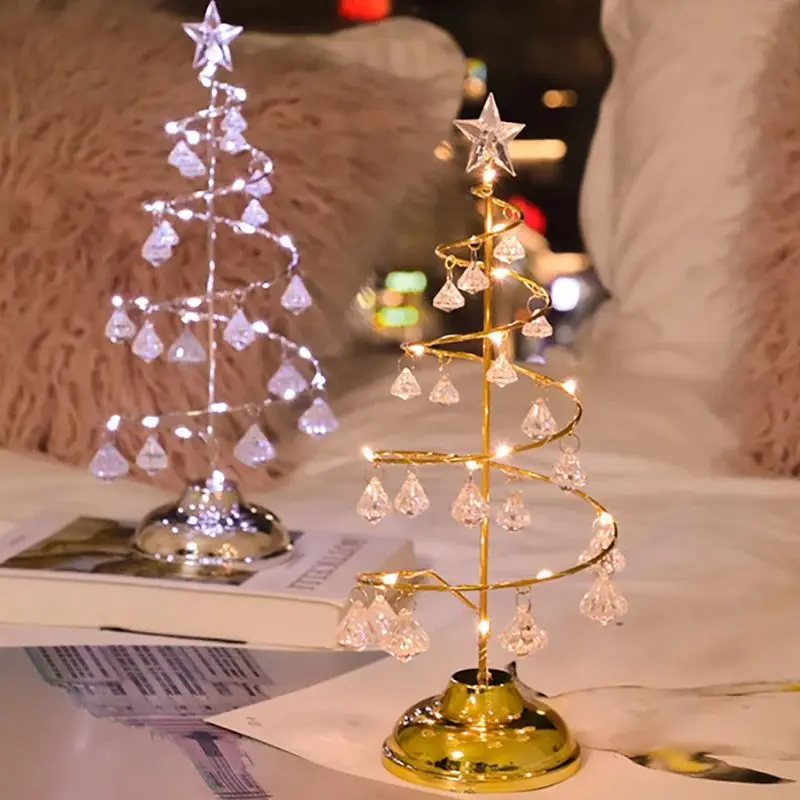 Luz LED colgante de cristal para árbol de Navidad, lámpara de mesa con flores de escritorio, decoración moderna, plata y oro