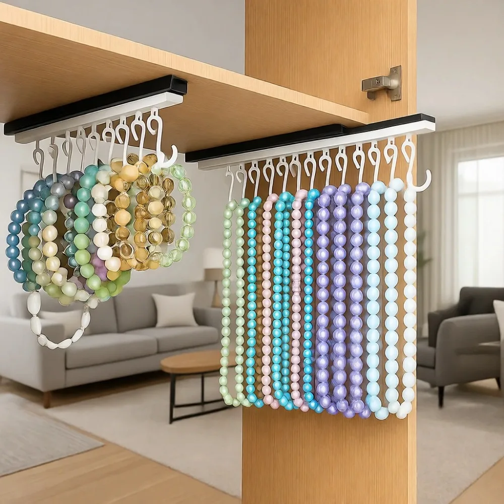 4 Pack Pull Out Closet Jewelry Organizer, 12 Hook Slide Rail Hanger, Diamond Free Necklace Rack, Save Space Wardrobe Storage