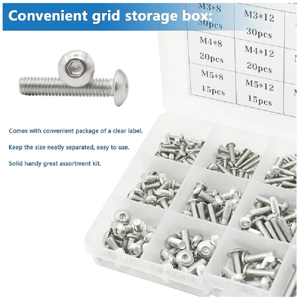 Hex Socket Screws Set 500 Pieces M3/M4/M5 Stainless Steel with Nuts and Washers Organized in Storage Box for Repair and Assembly