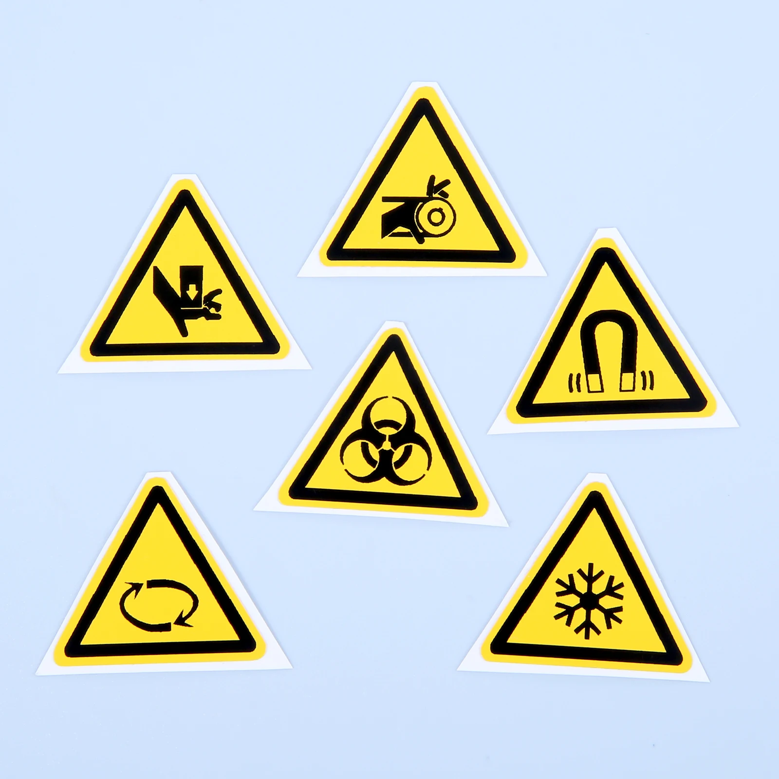 5pcs 2.5/5cm Triangle Warning Sign Sticker Getting Involved Biohazard Low Temperatures Stamping Magnetic Fields Spinning Alarm