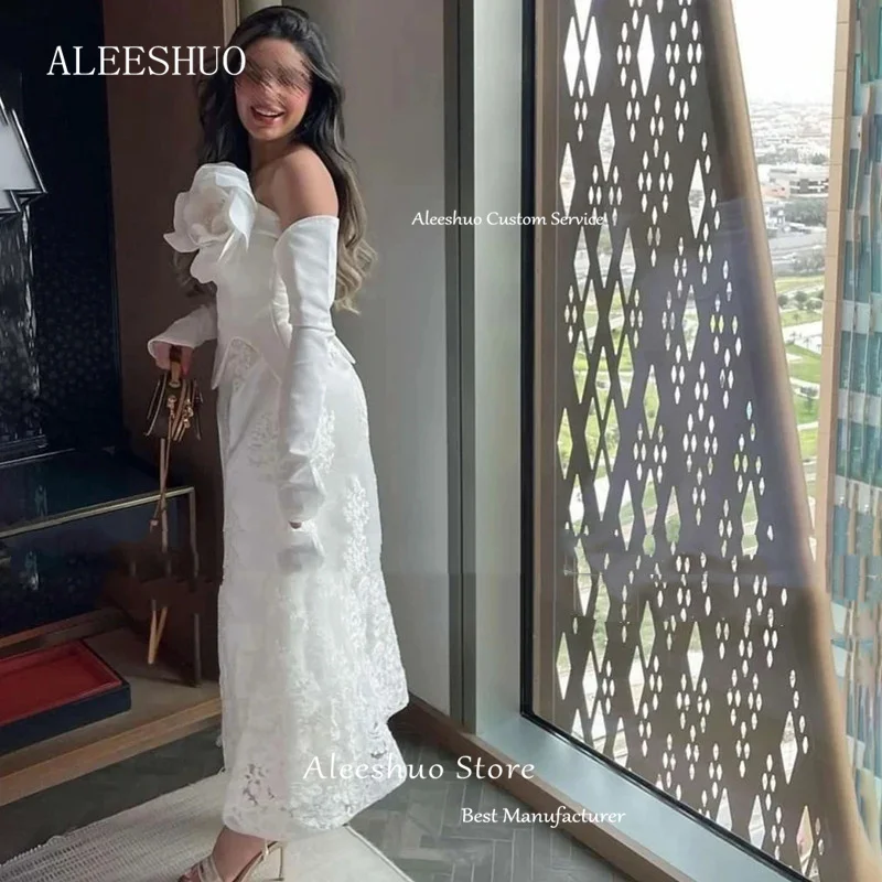 Modern White Lace Appliques Long Prom Dresses Pleated Flowers Backless Long Sleeves Formal Ankle-Length Evening Gowns Customized