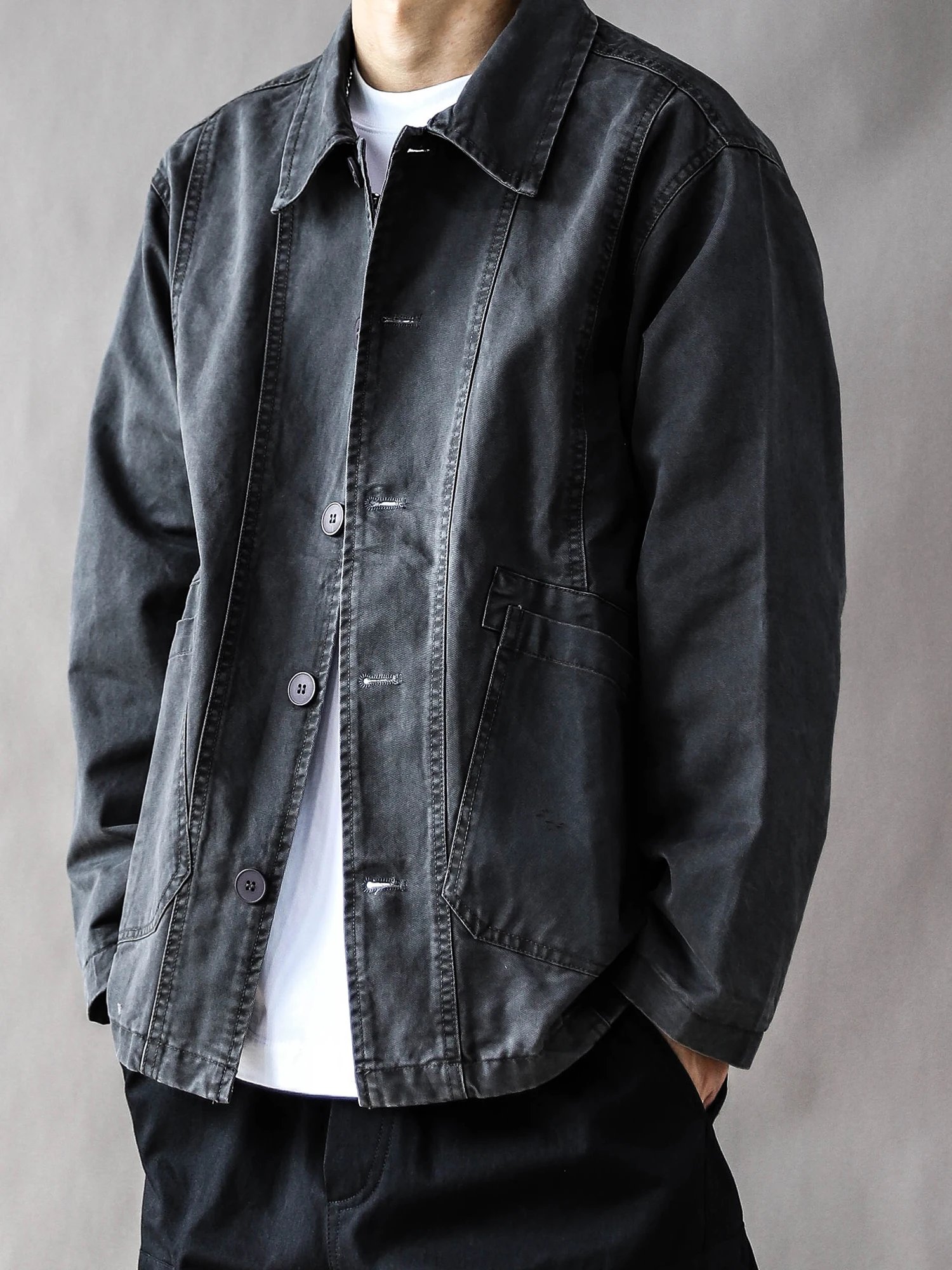 

Retro Japanese Style Men's Spring Autumn Loose Casual Workwear Jacket Deep Grey High Street Fashion Outerwear