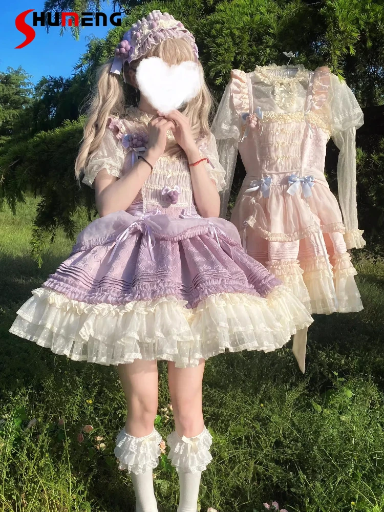 

Japanese Elegant Princess Birthday Party Dress Square Neck Sleeveless Lace Mesh Splicing Bow High Waist Lolita JSK Dress Women